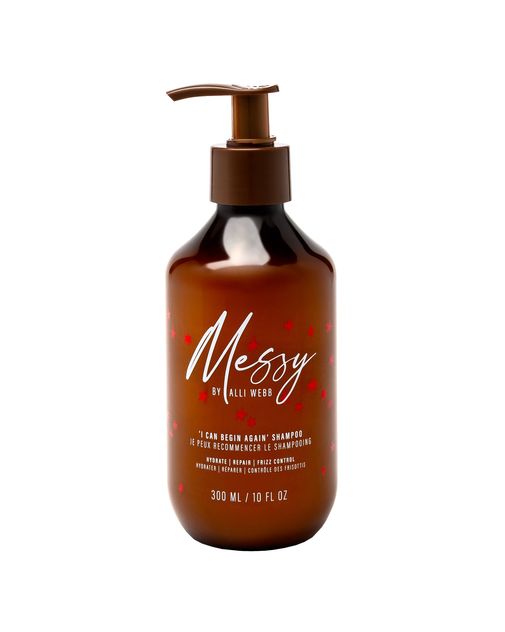 'I CAN BEGIN AGAIN' Shampoo in its amber 10 oz pump bottle on a clean white background.