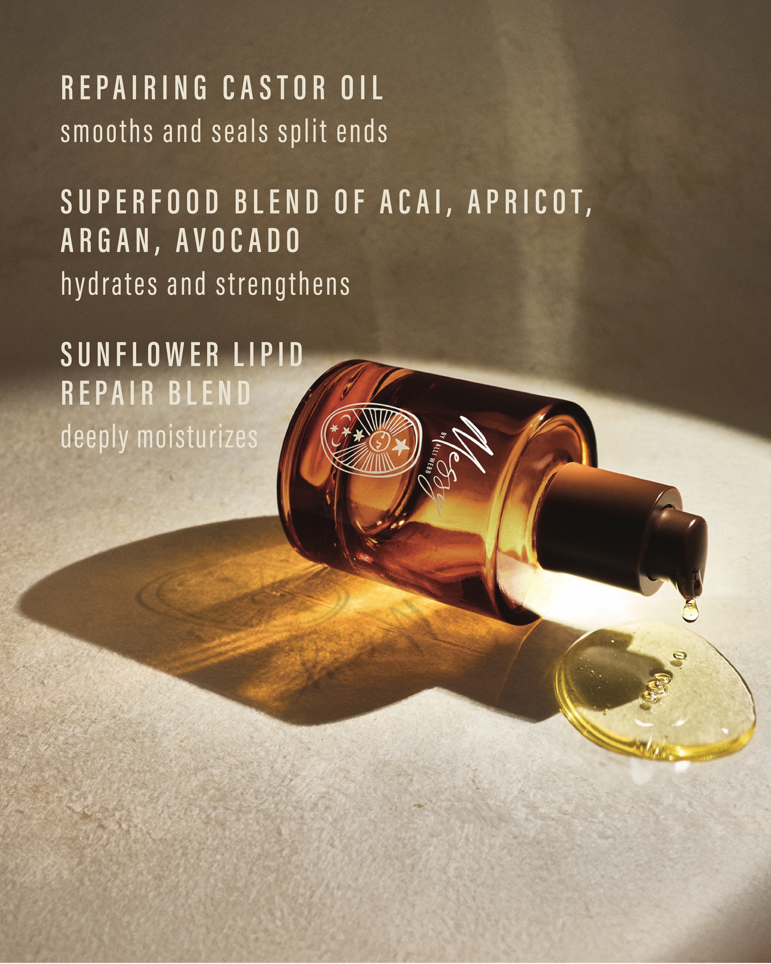 Repairing Castor Oil smooths and seals split ends. Superfood Blend of Acai, Apricot, Argan, Avocado hydrates and strengthens. Sunflower lipid repair blend deeply moisturizes.