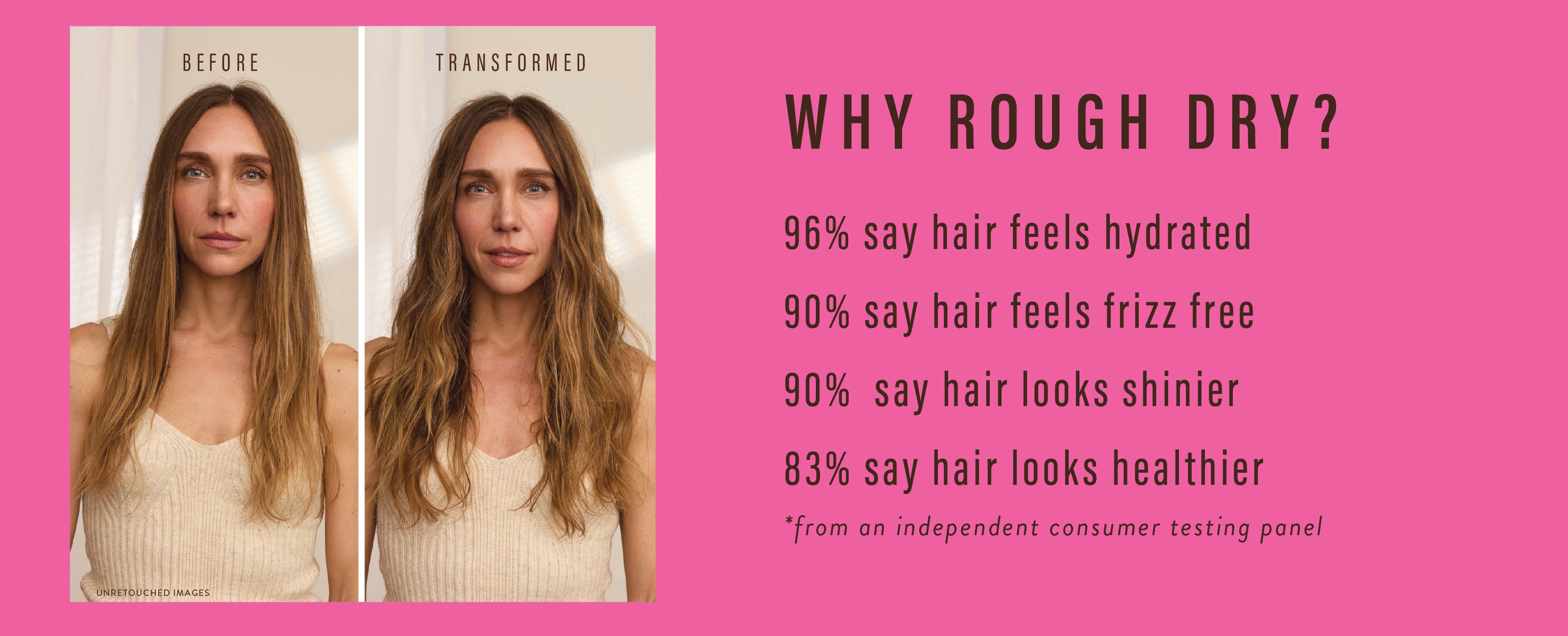 Why Rough Dry? 96% say hair feels hydrated; 90% say hair feels frizz free; 90% say hair looks shinier; 83% say hair looks healthier. *from an independent consumer testing panel