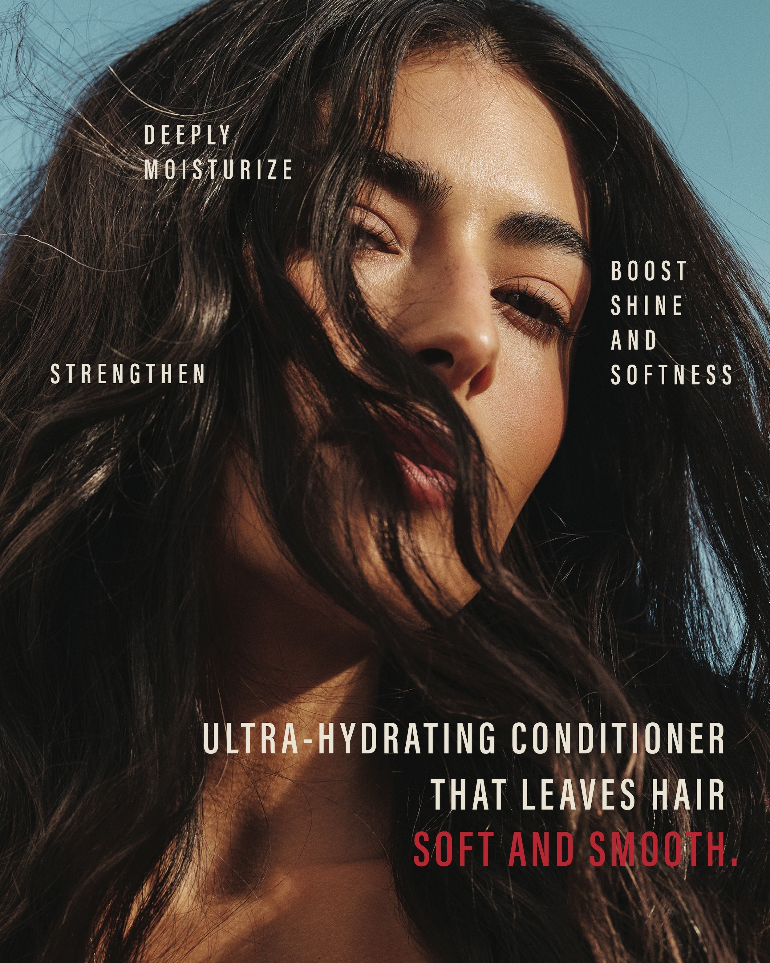 Model with sunlit waves against a blue sky — ultra-hydrating conditioner that deeply moisturizes, strengthens, and boosts shine and softness.