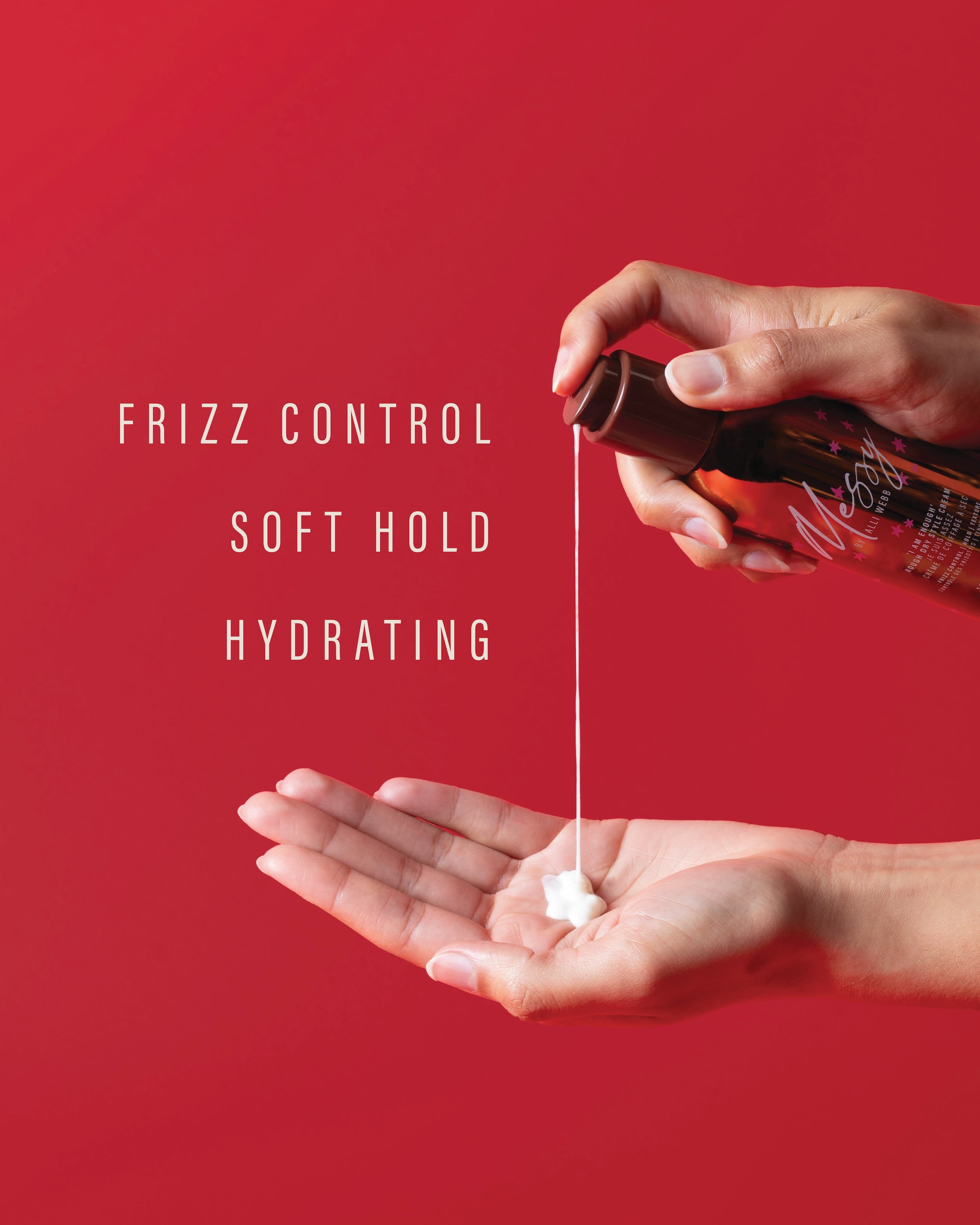 A pump of Rough Dry Style Cream dispensed into an open palm — frizz control, soft hold, hydrating.
