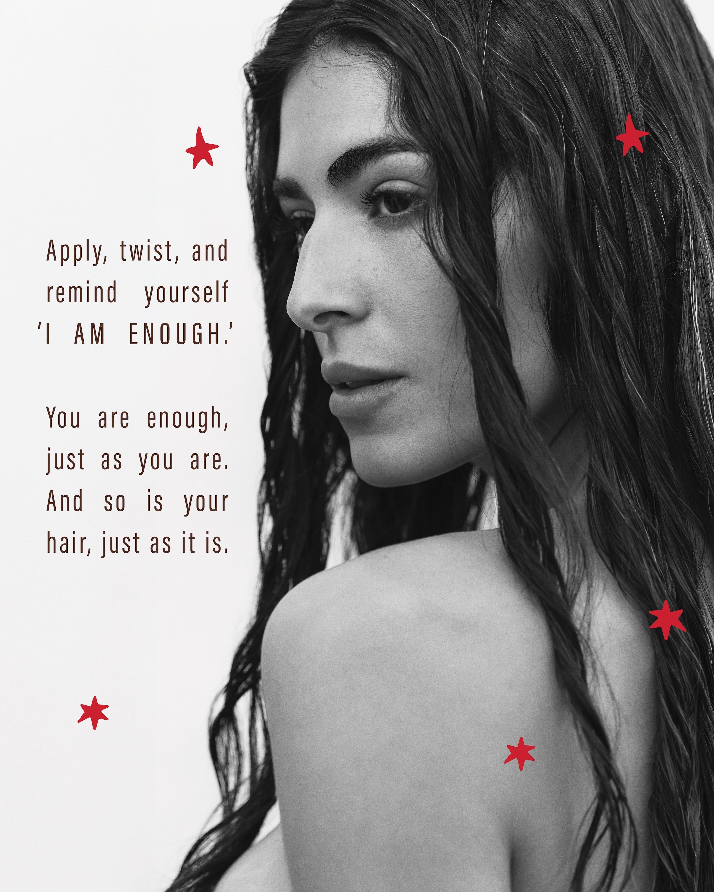 Black-and-white portrait of Alli Webb with rough-dried waves beside the mantra 'I AM ENOUGH — you are enough, just as you are.'