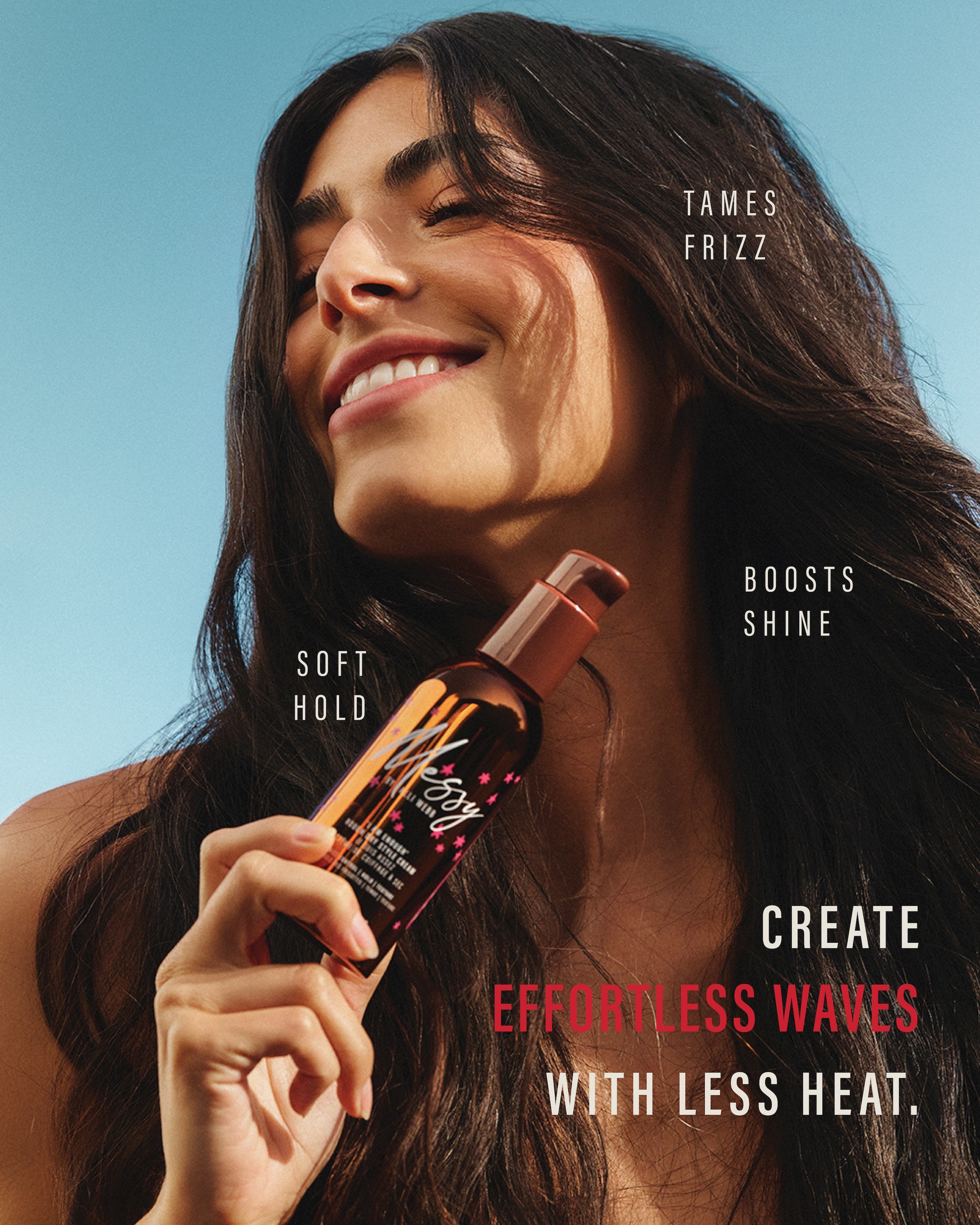 Smiling model with air-dried waves holds Rough Dry Style Cream — tames frizz, boosts shine, soft hold, effortless waves with less heat.